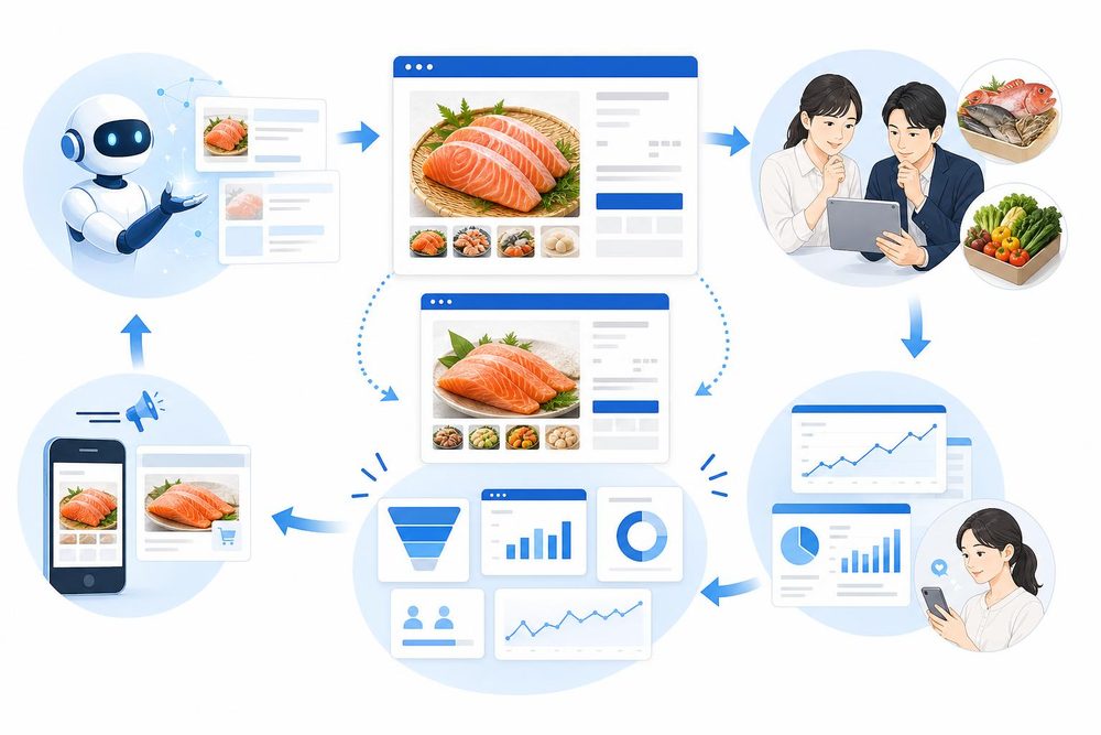 AIで作った商品ページをデータで改善していくイメージ